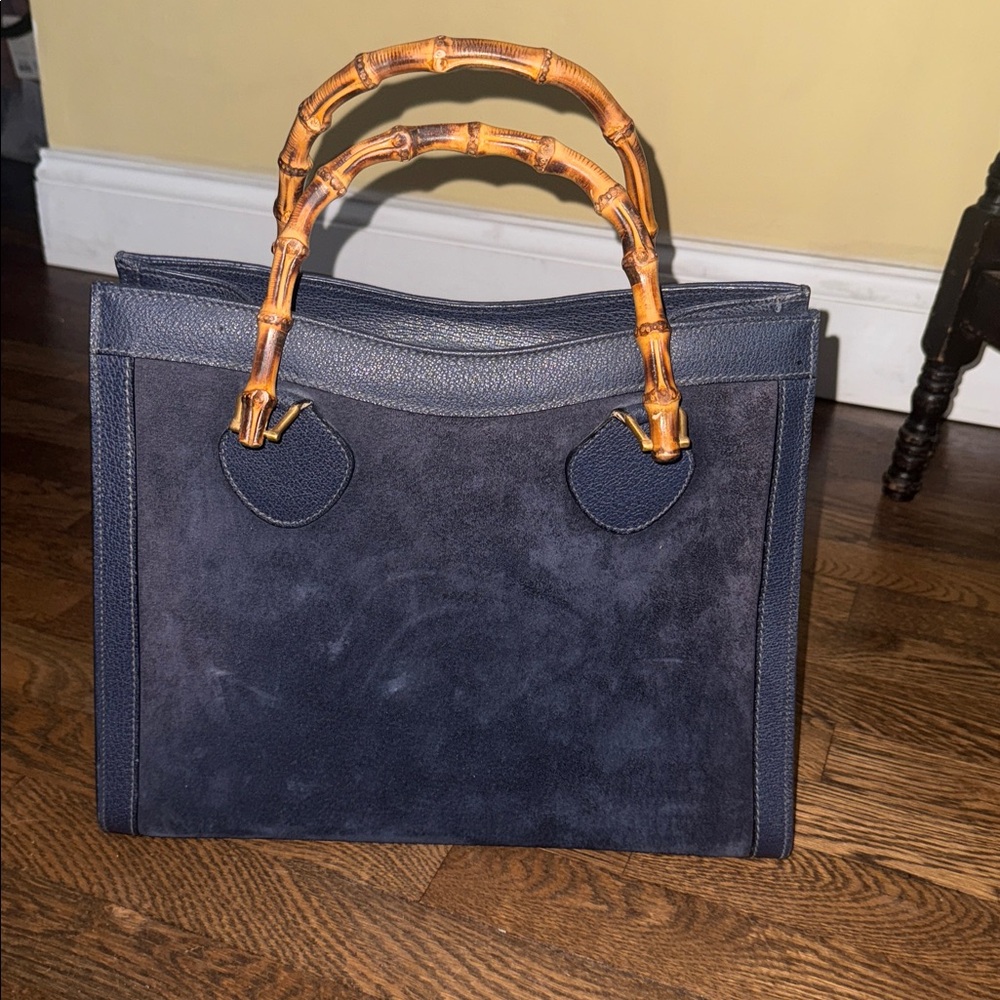Gucci vintage Navy Suede Tote with Bamboo Handles - Picture 16 of 16